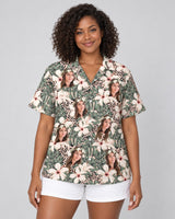 Monstera Hibiscus Dream Hawaiian shirt with printed faces, worn by a woman