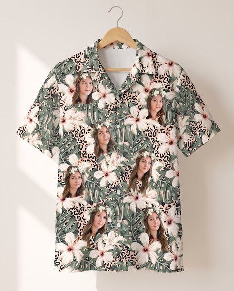 Monstera Hibiscus Dream personalized Hawaiian shirt printed with customer faces