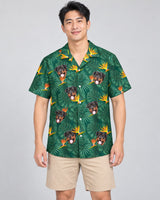 Monstera Paradise Hawaiian shirt with printed faces, worn by a man