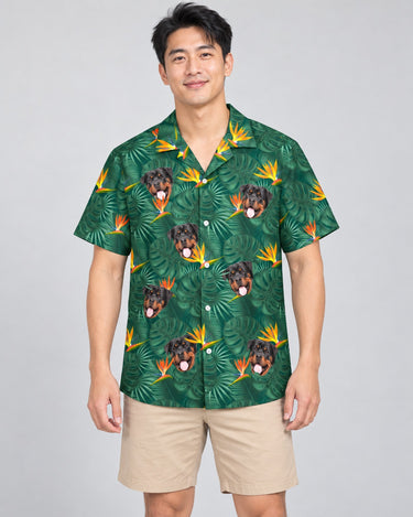 Monstera Paradise Hawaiian shirt with printed faces, worn by a man
