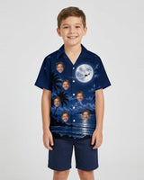 Moonlit Sleigh Christmas Hawaiian Shirt with printed faces, worn by a child