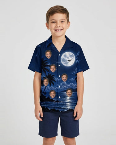 Moonlit Sleigh Christmas Hawaiian Shirt with printed faces, worn by a child