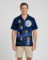 Moonlit Sleigh Christmas Hawaiian Shirt with printed faces, worn by a man