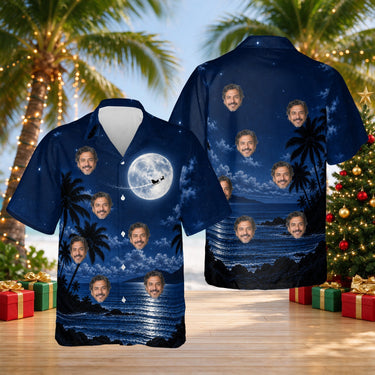 Moonlit Sleigh custom Christmas Hawaiian shirt with faces, front and back
