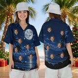 Moonlit Sleigh personalized Christmas Hawaiian shirt with faces worn by a woman, front and back