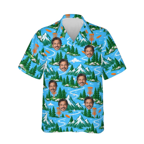 Mountain Disc Golf Hawaiian Shirt personalized with printed faces, front view