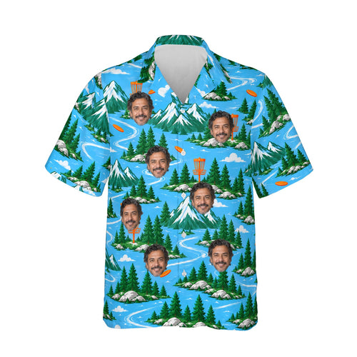 Mountain Disc Golf Hawaiian Shirt personalized with printed faces, front view