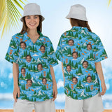 Woman wearing the Mountain Disc Golf Hawaiian Shirt with custom faces, front and back view