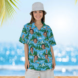 Woman wearing the Mountain Disc Golf Hawaiian Shirt with custom faces