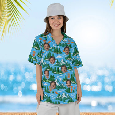 Woman wearing the Mountain Disc Golf Hawaiian Shirt with custom faces