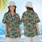 Woman wearing the Mountain Mustang Horse Hawaiian Shirt with custom faces, front and back view