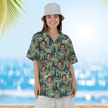 Woman wearing the Mountain Mustang Horse Hawaiian Shirt with custom faces