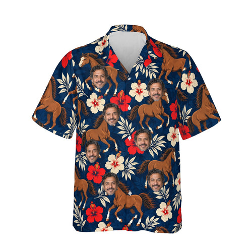 Mustang & Hibiscus Horse Hawaiian Shirt personalized with printed faces, front view