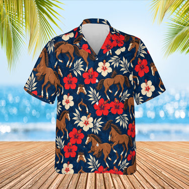 Mustang & Hibiscus Horse Hawaiian Shirt print before personalizing, front view