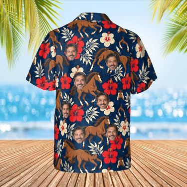 Mustang & Hibiscus Horse Hawaiian Shirt with custom faces, back view