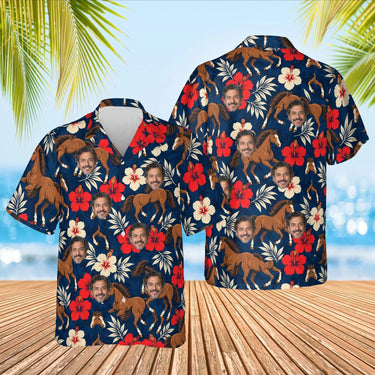 Mustang & Hibiscus Horse Hawaiian Shirt with custom faces, front and back