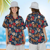 Woman wearing the Mustang & Hibiscus Horse Hawaiian Shirt with custom faces, front and back view