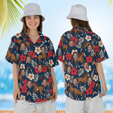 Woman wearing the Mustang & Hibiscus Horse Hawaiian Shirt with custom faces, front and back view