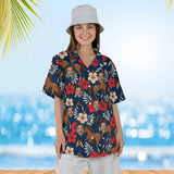 Woman wearing the Mustang & Hibiscus Horse Hawaiian Shirt with custom faces