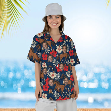 Woman wearing the Mustang & Hibiscus Horse Hawaiian Shirt with custom faces