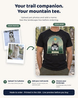 Personalization guide for the mountain pet photo tee: upload one to three photos, add a name and trail words, then choose landscape and shirt colors.