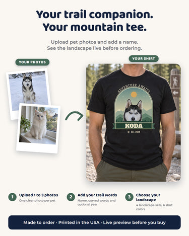 Personalization guide for the mountain pet photo tee: upload one to three photos, add a name and trail words, then choose landscape and shirt colors.