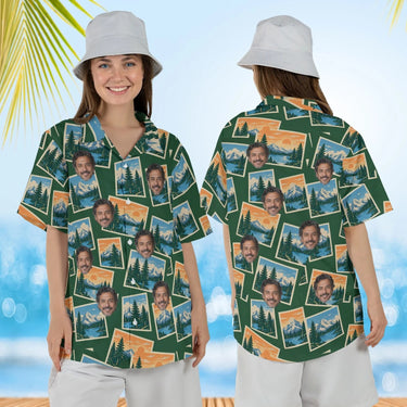 Woman wearing the National Park Postcard Hawaiian Shirt with custom faces, front and back view