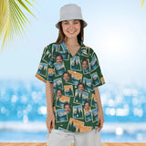 Woman wearing the National Park Postcard Hawaiian Shirt with custom faces