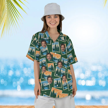 Woman wearing the National Park Postcard Hawaiian Shirt with custom faces