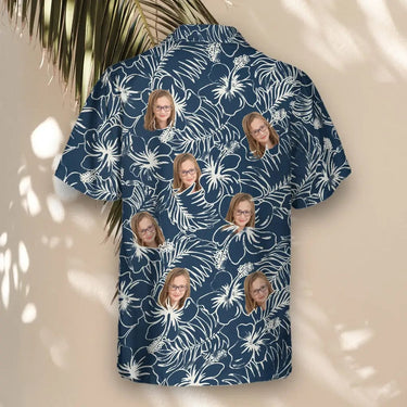 Navy Hibiscus Paradise custom Hawaiian shirt with photos, example 1