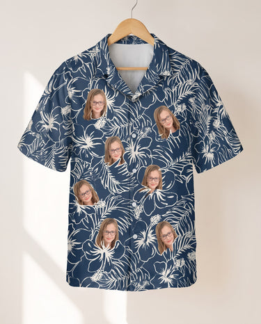 Navy Hibiscus Paradise personalized Hawaiian shirt printed with customer faces