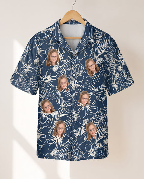 Navy Hibiscus Paradise personalized Hawaiian shirt printed with customer faces