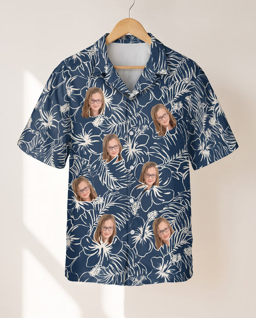 Navy Hibiscus Paradise personalized Hawaiian shirt printed with customer faces