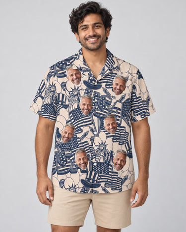 Navy Ivory Patriot Hawaiian shirt with printed faces, worn by a man