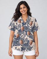 Navy Ivory Patriot Hawaiian shirt with printed faces, worn by a woman
