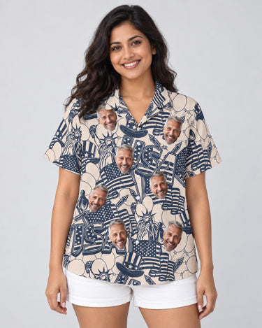 Navy Ivory Patriot Hawaiian shirt with printed faces, worn by a woman