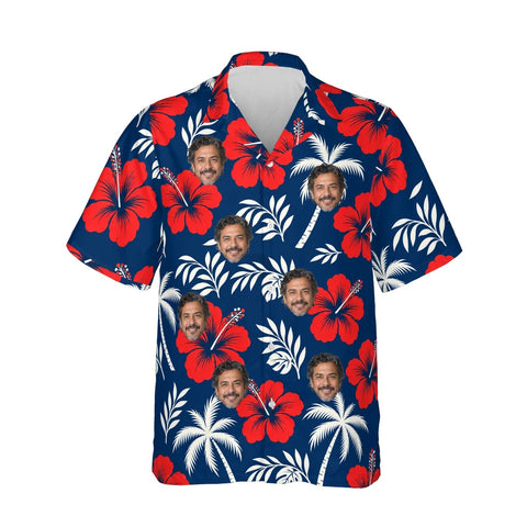 Navy Palm Hibiscus Island Hawaiian Shirt personalized with printed faces, front view