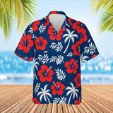Navy Palm Hibiscus Island Hawaiian Shirt print before personalizing, front view