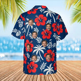 Navy Palm Hibiscus Island Hawaiian Shirt with custom faces, back view