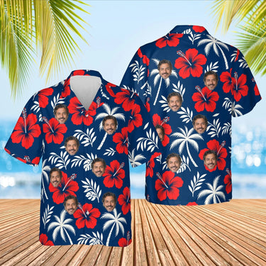 Navy Palm Hibiscus Island Hawaiian Shirt with custom faces, front and back