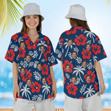Woman wearing the Navy Palm Hibiscus Island Hawaiian Shirt with custom faces, front and back view