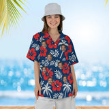 Woman wearing the Navy Palm Hibiscus Island Hawaiian Shirt with custom faces