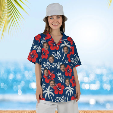 Woman wearing the Navy Palm Hibiscus Island Hawaiian Shirt with custom faces