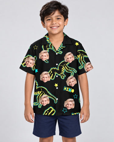 Neon Dino Skeleton Hawaiian shirt with printed faces, worn by a child