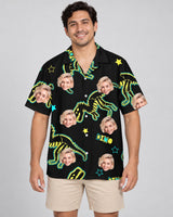 Neon Dino Skeleton Hawaiian shirt with printed faces, worn by a man
