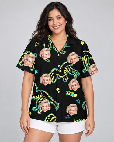 Neon Dino Skeleton Hawaiian shirt with printed faces, worn by a woman