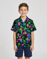 Neon Flamingo Ugly Hawaiian Shirt with printed faces, worn by a child