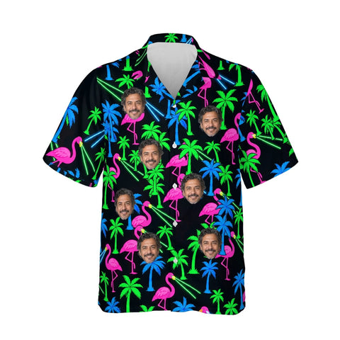 Neon Flamingo Ugly Hawaiian Shirt personalized with printed faces, front view