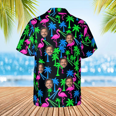Neon Flamingo Ugly Hawaiian Shirt with custom faces, back view