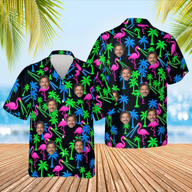 Neon Flamingo Ugly Hawaiian Shirt with custom faces, front and back